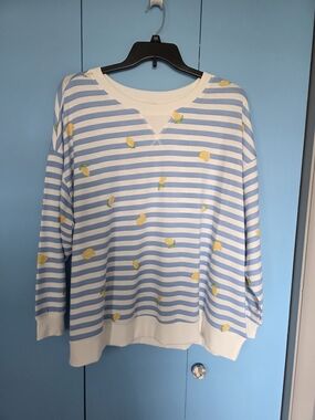 Striped Blue & White Long Sleeve Tee with Lemon Print